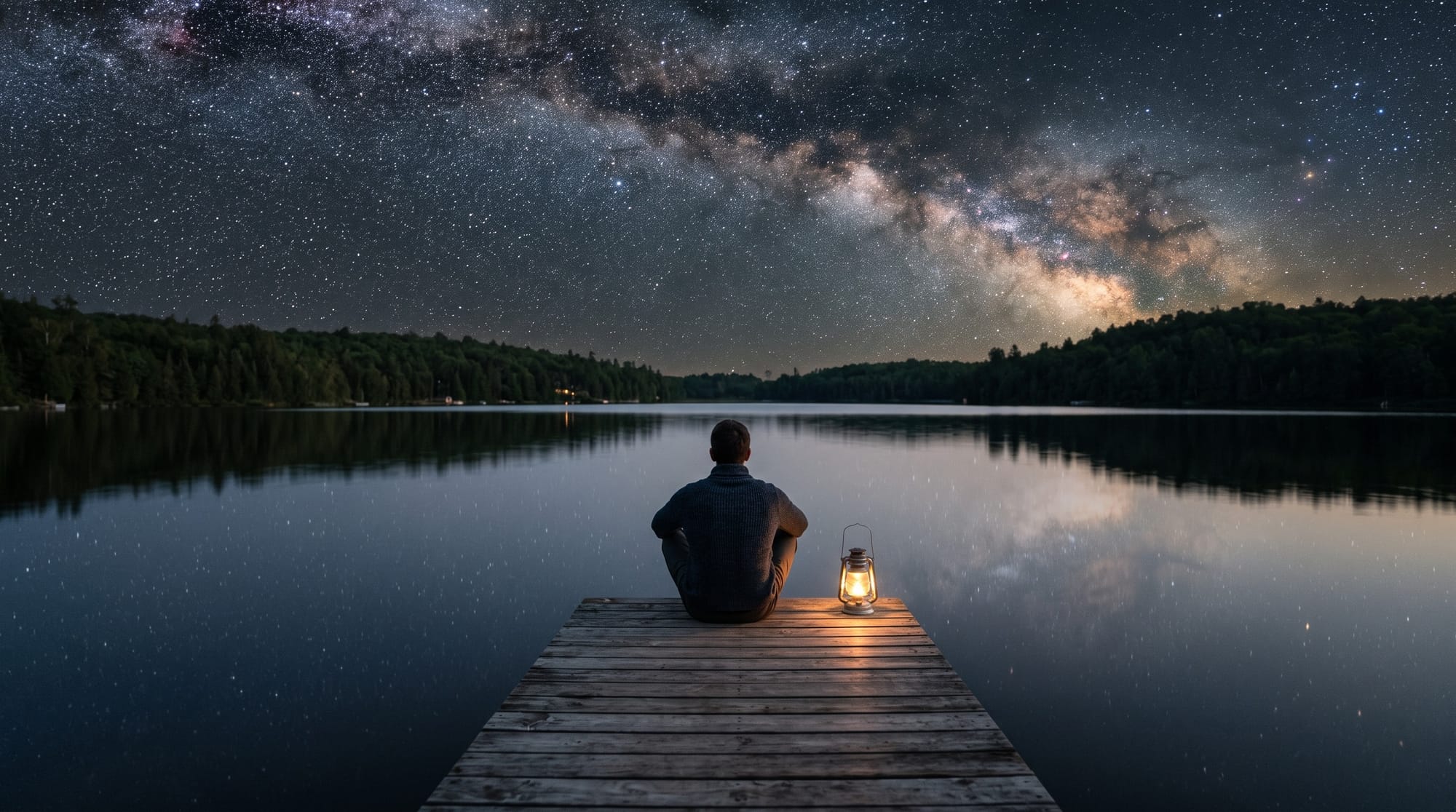 Un homme assis au bout d’un quai, la nuit, sous un ciel étoilé immense.