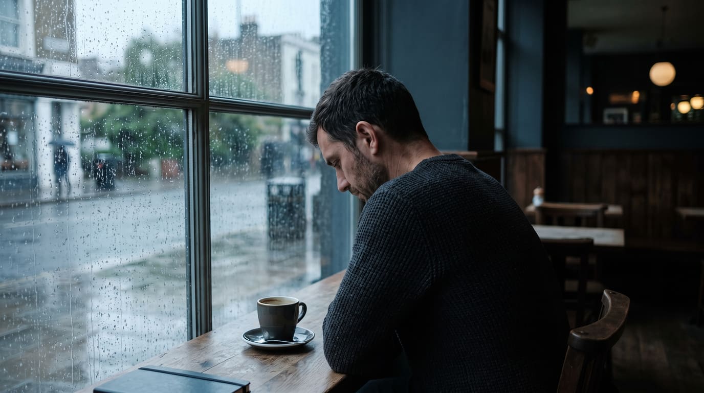 Homme assis seul devant une fenêtre un jour de pluie, le regard baissé